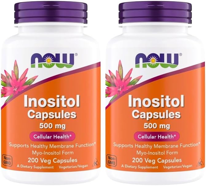 NOW Foods Inositol 500 mg Superior Myo Inositol Form for Healthy Membrane Function* Cellular Health* Support for Women* Kosher Suitable for Vegans - 200 Vegetarian Capsules (Pack of 2)