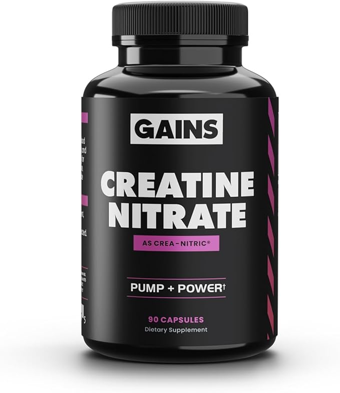 Gains in Bulk Crea-Nitric Creatine Nitrate Pre Workout Supplement Nitric Oxide Support Promotes Muscle Strength Pump and Non-Stim Energy Supplements for Men and Women Gluten Free 90 Capsules