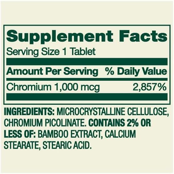 Chromium Metabolism Support Dietary Supplement Tablets 1000 mcg 100 Count