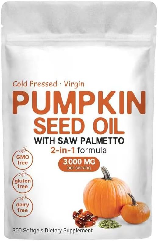 Pumpkin Seed Oil Capsules Pumpkin Seed Oil 2 in 1 with Saw Palmetto 3000mg Pure &amp Natural Supplement Hair Growth Skin Care - Non-GMO Gluten - Free 300 Softgels
