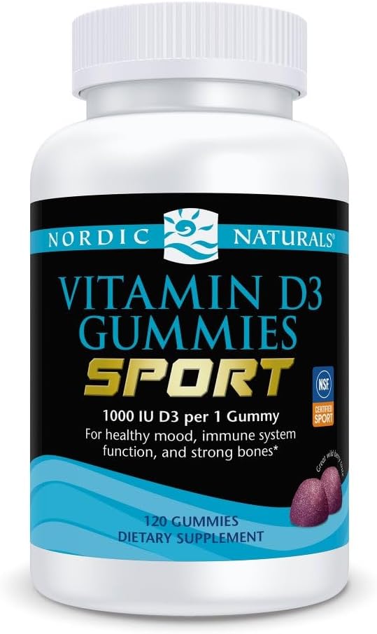 Nordic Naturals Vitamin D3 Gummies Sport Wild Berry - 120 Gummies - 1000 IU Vitamin D3 - NSF Certified - Healthy Bones Mood &amp Immune System Function - Non-GMO - 120 Servings