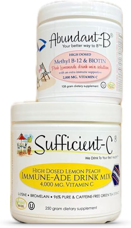 Sufficient-C 250 gram Vitamin C Immune-ade Drink Mix and Abundant-B high dose B-12 and Biotin Pink Lemonade Drink Mix Solution