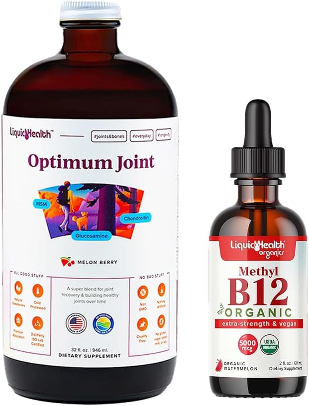 LIQUIDHEALTH Optimum Joint Liquid Supplement &amp Organic Methyl B12 5000mcg Vitamin Drops with Tart Cherry Juice for Immune Support Bone &amp Joint Health Naturl Energy Boost Improved Focus &amp
