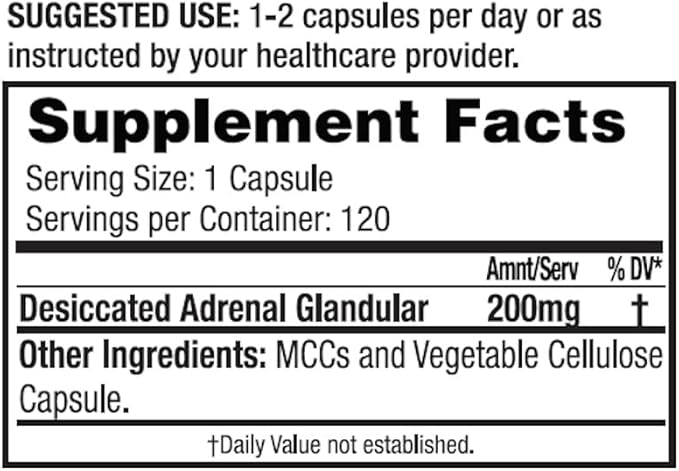 Dr. Tennant's Stress &amp Adrenal Support Helps Cortisol Production &amp Stress Management Promotes Endocrine Health Immune &amp Cellular Function Each Capsule has 200 mg of Bovine Adrenal