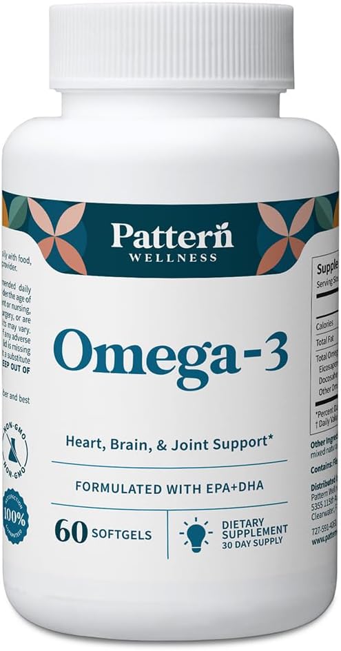 Pattern Wellness Omega 3 Softgels - Pure Fish Oil Formula - Helps Maintain Brain Heart &amp Joint Health - 3rd Party Lab Tested - Non-GMO Dairy-Free Gluten-Free - 60 Softgels
