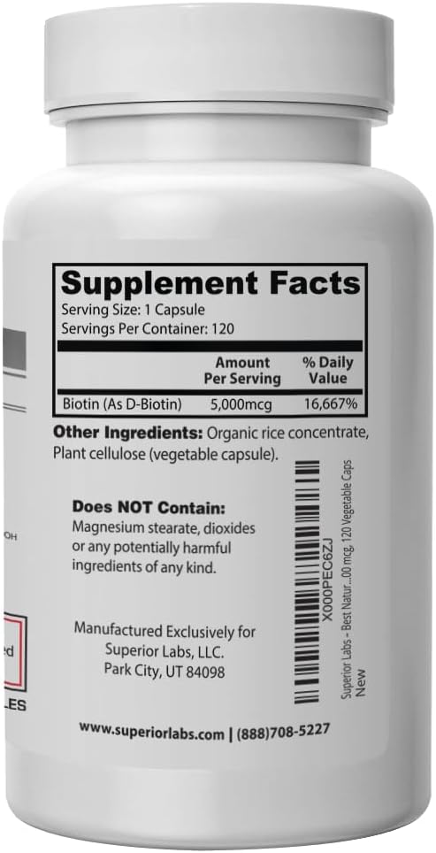Superior Labs – Best Natural Biotin NonGMO Supplement – for Luscious Longer Hair and Lashes – Stronger Nails – Healthy Skin – Energy Booster – Healthy Weight - 5000 mcg 120 Vegetable Caps