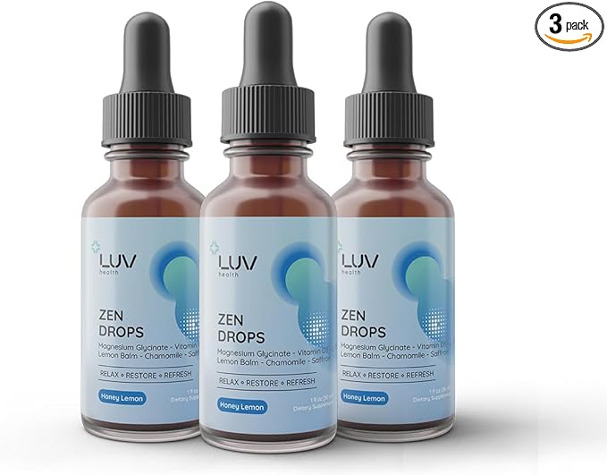 LUV health Zen Drops 3Pack: Stress &amp Anxiety Support Drops with Magnesium Glycinate Vitamin D3 Lemon Balm Chamomile Saffron L-Theanine. Keto Vegan USA Made Non-GMO 90 Servings