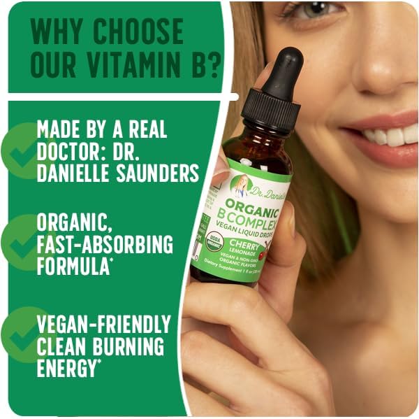 Organic Vitamin B Complex Liquid Drops | B Vitamins Complex Supplement with B3 B6 B7 B9 &amp Methyl B12 Drops for Adults &amp Kids | Vegan Cherry Flavor 1oz | 60 Servings / 2 Month Supply