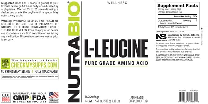 NutraBio 100% Pure L-Leucine - Muscle Recovery and Support - Naturally Fermented Free Form Amino Acid - Vegan Non-GMO Gluten Free - (500 Grams)