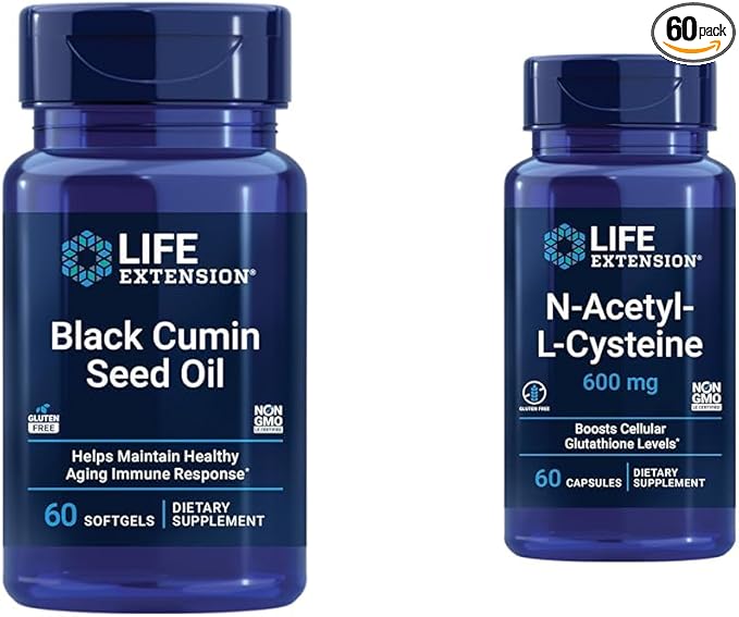Life Extension Black Cumin Seed Oil 500 mg Immune &amp Inflammatory Support &amp N-Acetyl-L-Cysteine 600 mg Antioxidant 60 Capsules