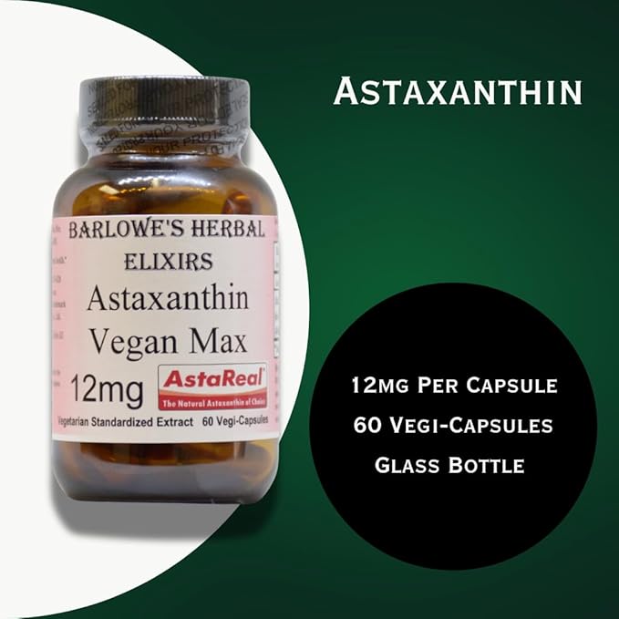 Barlowe's Herbal Elixirs Astaxanthin Supplements | AstaReal Astaxanthin Vegan Max 12mg | 60 Veggie Capsules | Astaxantina