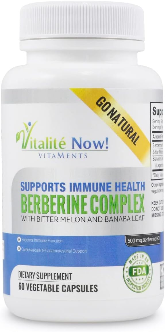 Vitalité Now! High Strength Berberine 500mg + Bitter Melon &amp Banaba - Immune System Health - Cardiovascular &amp Gastrointestinal Support - 60 Vegetarian Capsules