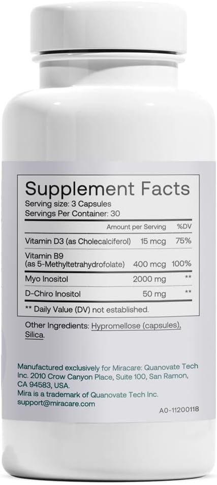 MIRA PCOS Supplement Myo Inositol &amp D-Chiro Inositol 40:1 Ratio Helps Promote Hormonal Balance and Support Ovarian Health &amp Metabolism 90 Capsules (30 Servings) 1 Bottle