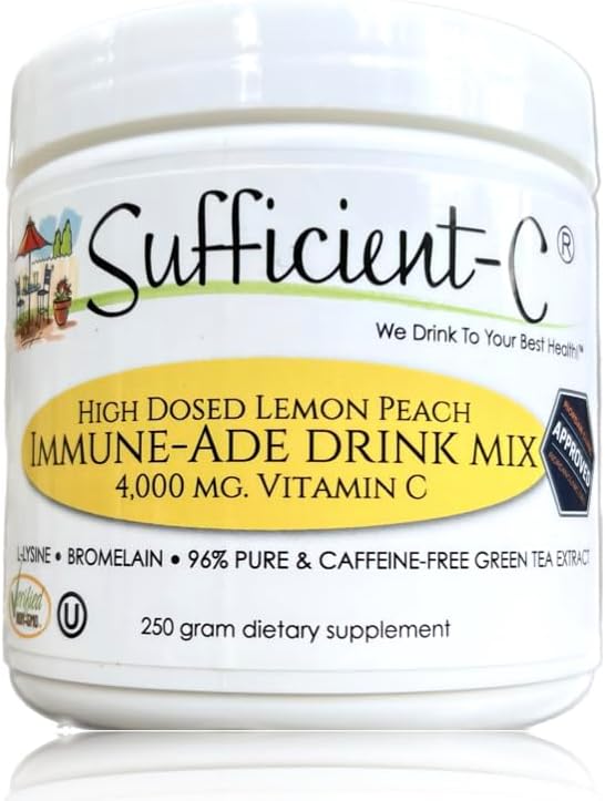 Sufficient-C High-Dosed 4000 mg. Vitamin C Lemon Peach Immune-Ade Drink Mix 250 gram Size - Refreshing with Generously Dosed L-lysine Bromelain &amp 96% Pure Caffeine-Free Green Tea Extract