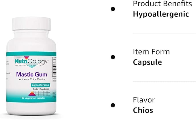 Allergy Research Group NutriCology Mastic Gum - Supports Digestive Comfort - Delivers 1000 mg Chios Mastic Gum Resin per Serving - Vegetarian &amp Hypoallergenic - 60 Servings - 120 Capsules