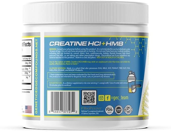 Creatine HCl + HMB for Athletes – Performance &amp Recovery Formula – 2g Creatine HCl 2.5g HMB – Fast Absorption No Bloat No Loading – 30 Servings – GEC (Standard Blue Lemonade)