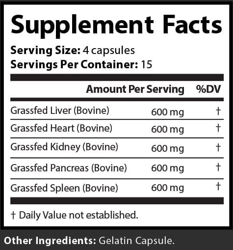 BovineVital Grass-Fed Beef Organ Supplement - Liver Heart Kidney Pancreas &amp Spleen – Natural Energy Digestion Immune &amp Cognitive Support – Non-GMO Hormone-Free – 120 Capsules