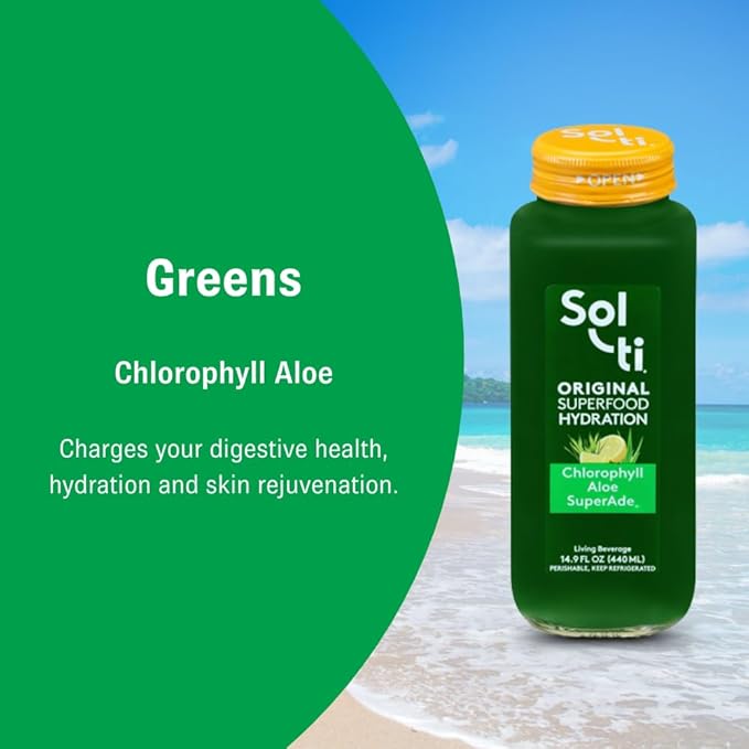 Organic SuperAde Hydration Drink Digestive and Skin Health SuperFood Lemonade by Sol-ti Cold-Pressed Chlorophyll Aloe and Lemon Juice Blend 16 Pack (14.9 Fl oz)