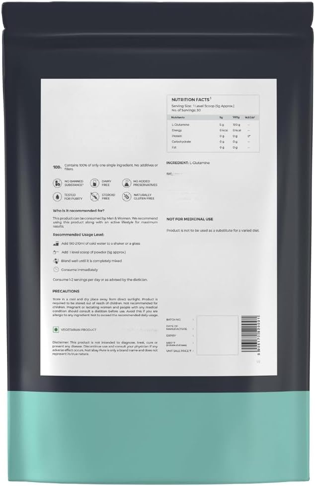 Pure L-Glutamine Powder Amino Acid - Post Workout Supplement for Muscle Growth &amp Recovery - Unflavoured -150 gm