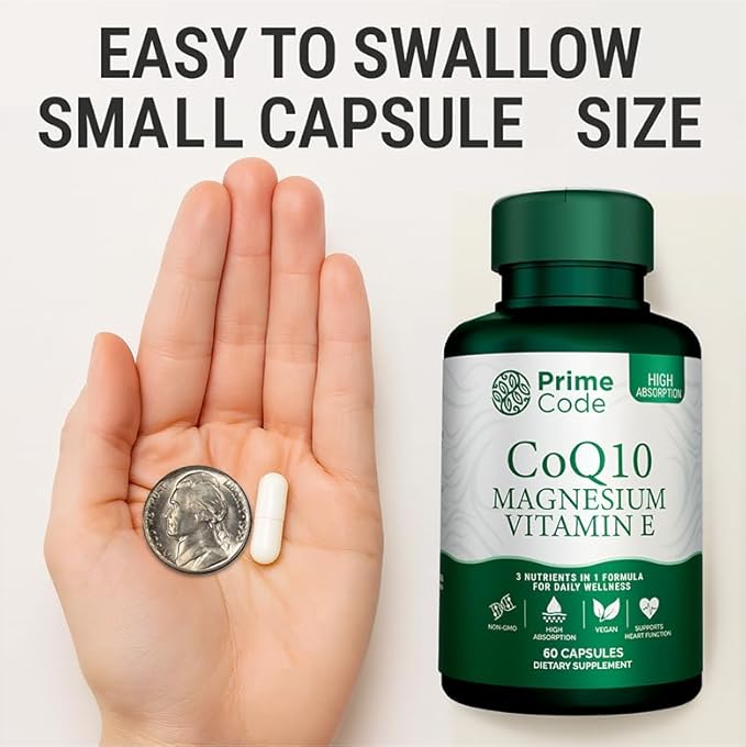 Prime Code [ 3 𝐢𝐧 𝟏] CoQ10 250mg with Magnesium Glycinate and Vitamin E | CoQ10 Capsules 250mg | Magnesium Glycinate 200mg | Vitamin E 15mg | Non-GMO | Gluten &amp Soy Free | Vegan