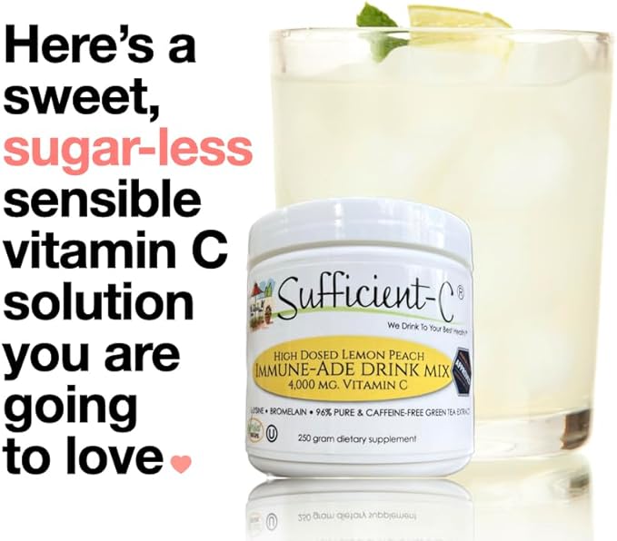 Sufficient-C High-Dosed 4000 mg. Vitamin C Lemon Peach Immune-Ade Drink Mix 250 gram Size - Refreshing with Generously Dosed L-lysine Bromelain &amp 96% Pure Caffeine-Free Green Tea Extract