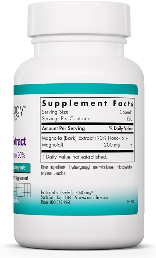 Allergy Research Group Nutricology Magnolia Extract Supplement - Stress &amp Sleep Support Magnolia Bark Honokiol Magnolol Cortisol Manager Vegetarian Capsules - 120 Count