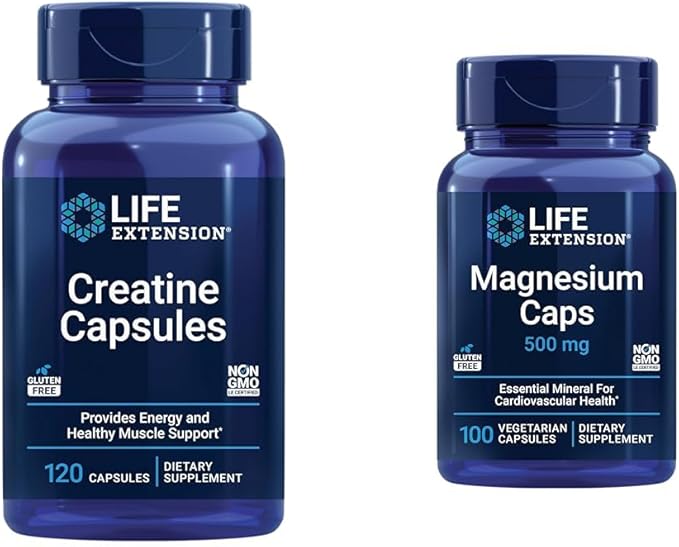 Life Extension Creatine Capsules 120 Count &amp Magnesium Caps 500mg 100 Count - Muscle Strength Heart Health