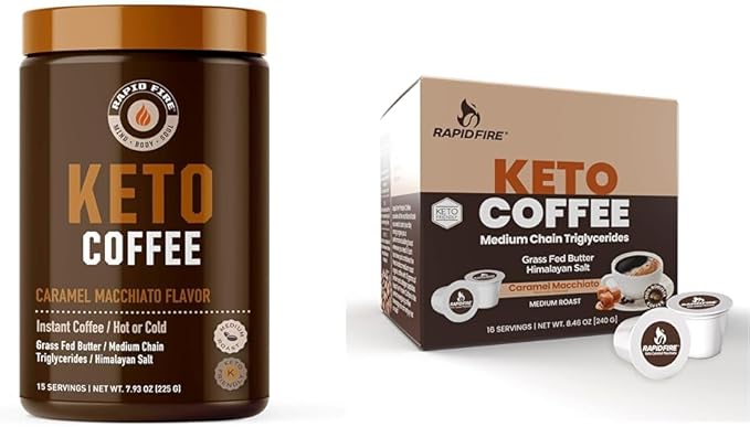 Rapid Fire Ketogenic Caramel Macchiato Keto Coffee Mix &amp Pods Supports Energy &amp Metabolism Weight Loss Diet 15 Servings 7.93oz &amp 16 Count K Cups