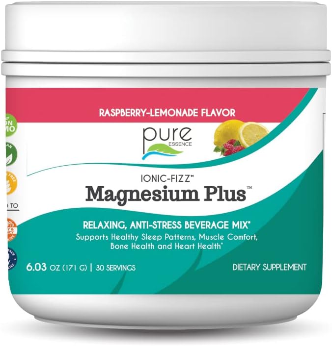 Pure Essence Labs Ionic Fizz Magnesium Plus Anti-Stress Supplement Drink Powder Gluten Free and Non-GMO Magnesium Powder (Raspberry Lemonade 6.03 Ounce (Pack of 1))