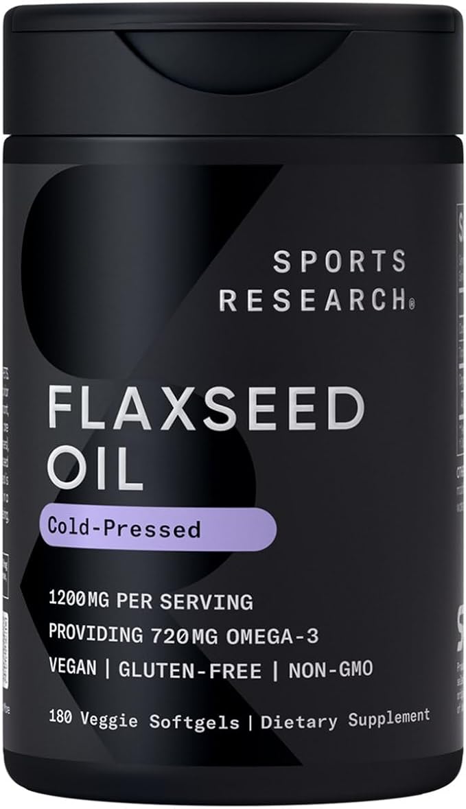 Sports Research Vegan Flaxseed Oil (1200mg) Herbal Supplement with Plant-Based ALA Omega 3 - Vegan Certified &amp Non-GMO Verified - Gluten Soy &amp Carrageenan Free (180 Veggie Softgels)