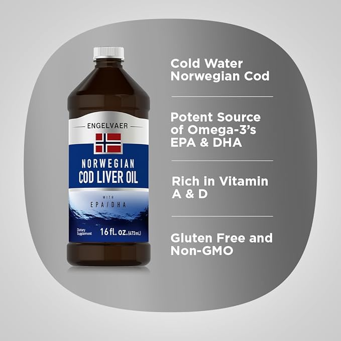 Piping Rock Cod Liver Oil Liquid | 16 fl oz | with EPA DHA | Engelvaer Norwegian | Non-GMO Gluten Free Supplement