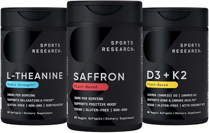 Sports Research® Stress Support Pack - Pure Saffron Supplement 30 mg + Double Strength L-Theanine Supplement + Vitamin D3 + K2 5000 IU