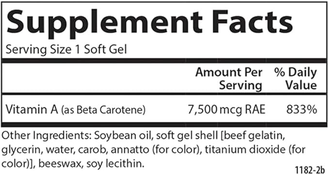 Carlson - Super Beta Carotene 25000 IU (15 mg) Vitamin A as Beta Carotene Bioavailable and Bioactive Form Vision Health Healthy Skin 250 Softgels