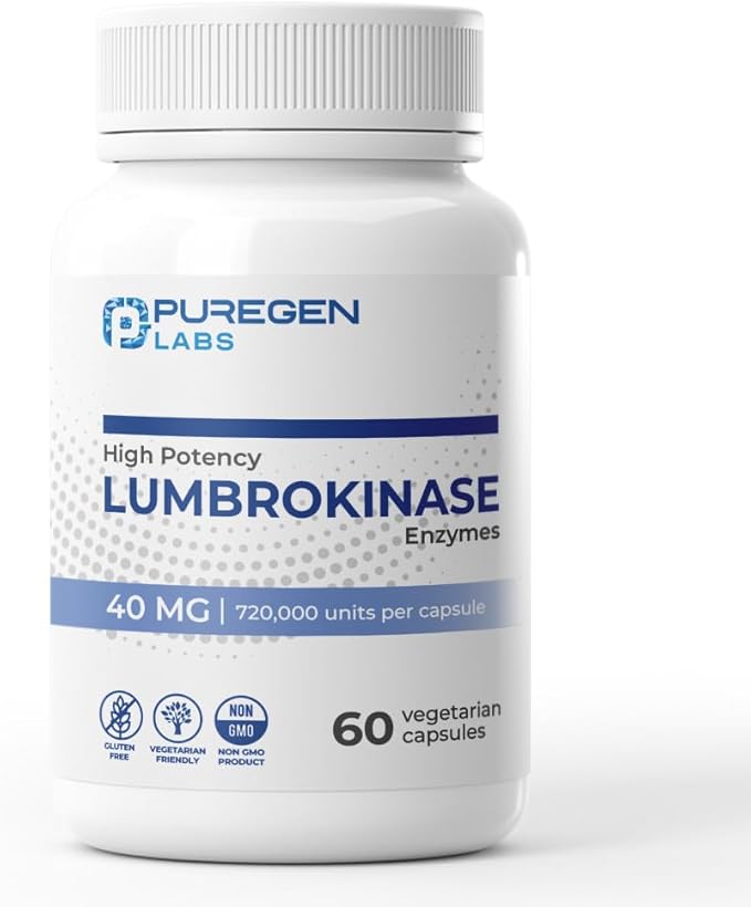 Puregen Labs Lumbrokinase 40mg per Capsule High Potency Supplement | High Activity Lumbrokinase Enzymes | No Harmful Additives | Non-GMO | Gluten Free - 60 Vegetarian Capsules