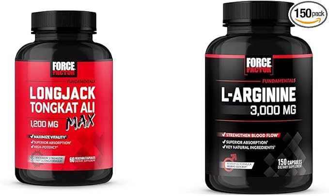 Force Factor Longjack Tongkat Ali Max Men's Vitality L-Arginine Nitric Oxide for Muscle Building 60+150 Capsules