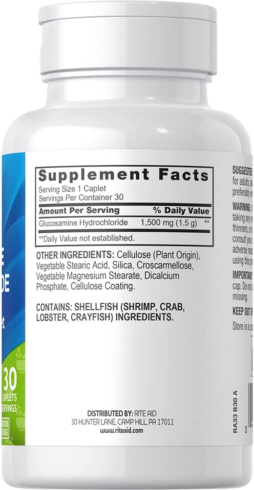 Rite Aid Glucosamine Hydrochloride Caplet - 1500mg 30 Count Joint Support Supplement Antioxidant Properties Helps with Inflammatory Response Occasional Discomfort Relief for Back Knees &amp Han