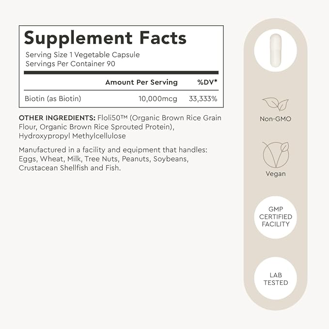 Alaya Biotin 10000 mcg for Healthy Hair Skin and Nails Non GMO Vegan 90 Capsules