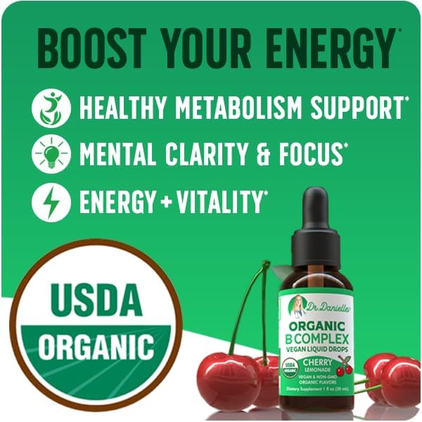 Organic Vitamin B Complex Liquid Drops | B Vitamins Complex Supplement with B3 B6 B7 B9 &amp Methyl B12 Drops for Adults &amp Kids | Vegan Cherry Flavor 1oz | 60 Servings / 2 Month Supply