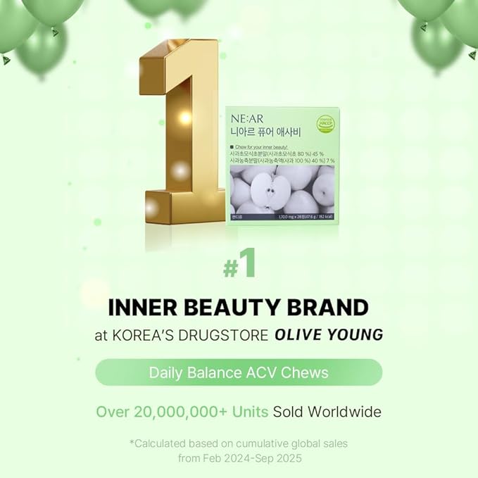 NE:AR Daily Balance ACV Chews – 1530mg Apple Cider Vinegar – 10 Synergistic Ingredients &amp 10% Total Acidity – Candy-Like K-Chewables for Daily Digestive &amp Beauty Support – Green Apple Flavor