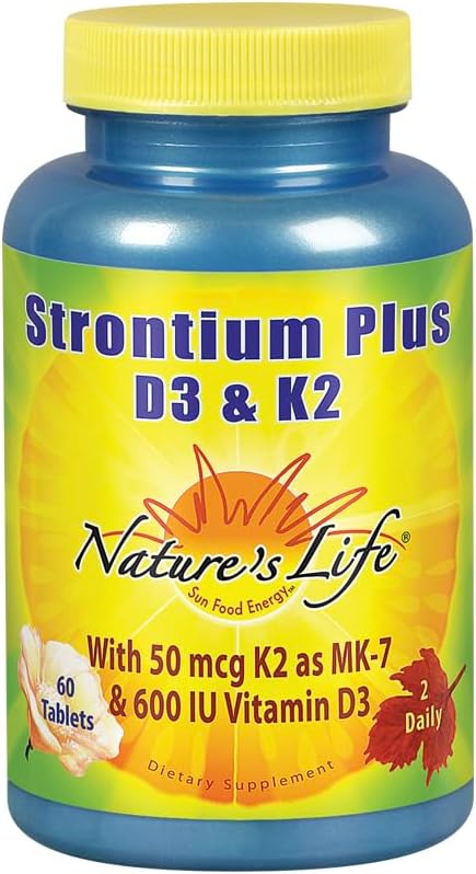 Nature's Life Strontium Plus D3 &amp K2 Supplement - Healthy Bone Support for Women &amp Men Stronium Citrate Trace Mineral Nutritional Support for Adults Vegetarian &amp Bioavailable - 60 Table
