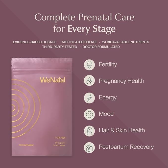 WeNatal for Her Prenatal Vitamins with Methylated Folate Iron Choline DHA Magnesium Vitamin D3 B12 Vegan Kosher Non-GMO Clean Multivitamin for Pregnancy Support and Fertility 90 Capsules