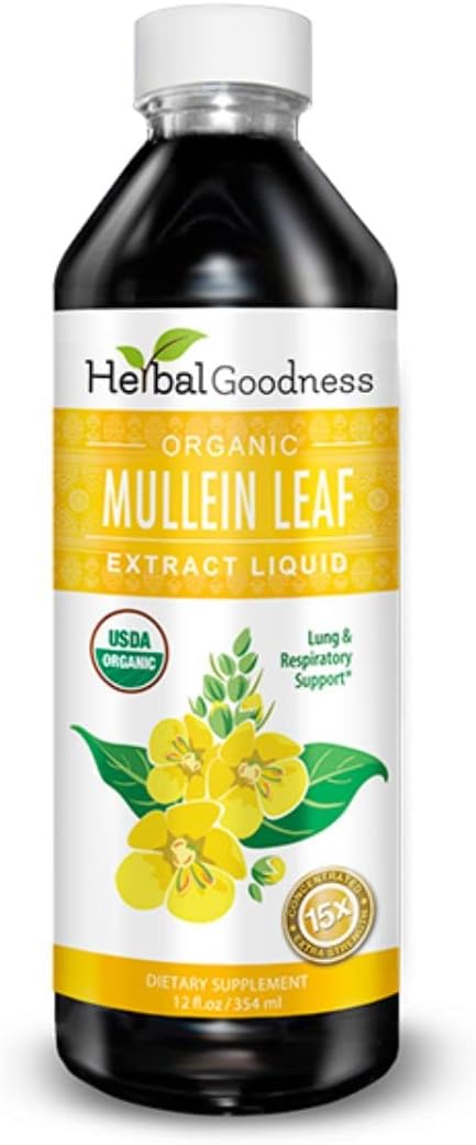 Herbal Goodness Mullein Drops for Lungs - Respiratory Support Mullein Leaf Extract for Lungs Bronchial &amp Lung Detox for Smokers Organic Wild Mullen as Tea Pills Tincture - Made in USA - 12 Fl