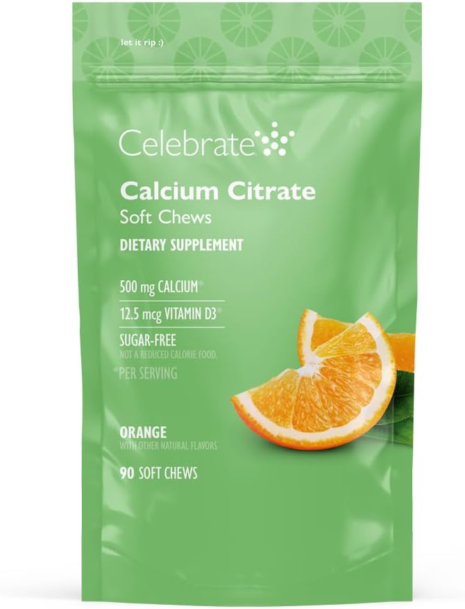 Celebrate Vitamins Bariatric 500mg Calcium Citrate Soft Chews with 500 IU Vitamin D3 – Essential for Gastric Bypass Patients &amp Bone Health - Sugar &amp Gluten Free Orange (90 Chews)