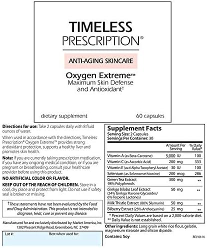 Timeless Prescription - Oxygen Extreme Anti-Aging Skin Care Maximum Defense &amp Antioxidant Maintain Cardiovascular Health Skin Health Market America (30 Servings)