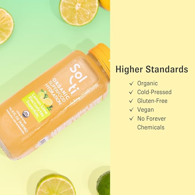 Organic Lemon Lime Electrolytes SuperAde Drink Effective Hydration SuperFood Lemonade by Sol-ti Cold-Pressed Juice Blend 16 Pack (14.9 Fl oz)