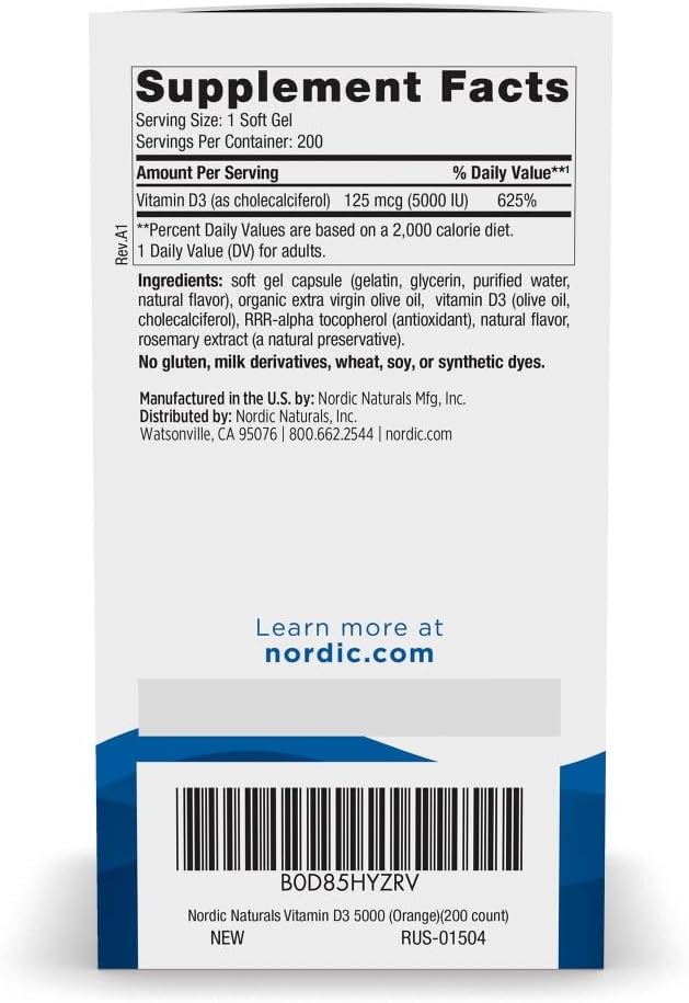 Nordic Naturals Vitamin D3 5000 Orange - 200 Mini Soft Gels - Support for Healthy Bones Mood &amp Immune System - Vegetarian - Non-GMO - 200 Servings