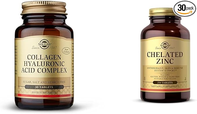 SOLGAR Collagen Hyaluronic Acid Complex 30 Tablets - Hydrolyzed Collagen Type 2 - Helps &amp Chelated Zinc 250 Tablets - Zinc for Healthy Skin - Supports Cell Growth &amp DNA Formation