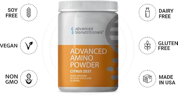 Advanced Bionutritionals – Advanced Amino Powder Amino Acid Supplement Build Muscle Post Workout Recovery EnergyNon-GMO Gluten Free Dairy Free Vegan (30 Servings) (9.52oz Citrus Zest)