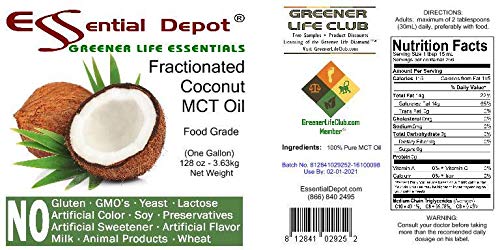 Coconut Oil - Fractionated - MCT (medium-chain triglycerides) - 2 x 1-Gallon (256 oz) - liquid - Food Grade - Safety Sealed Resealable HDPE Container Microwave Safe (remove foil seal) Freezer Safe