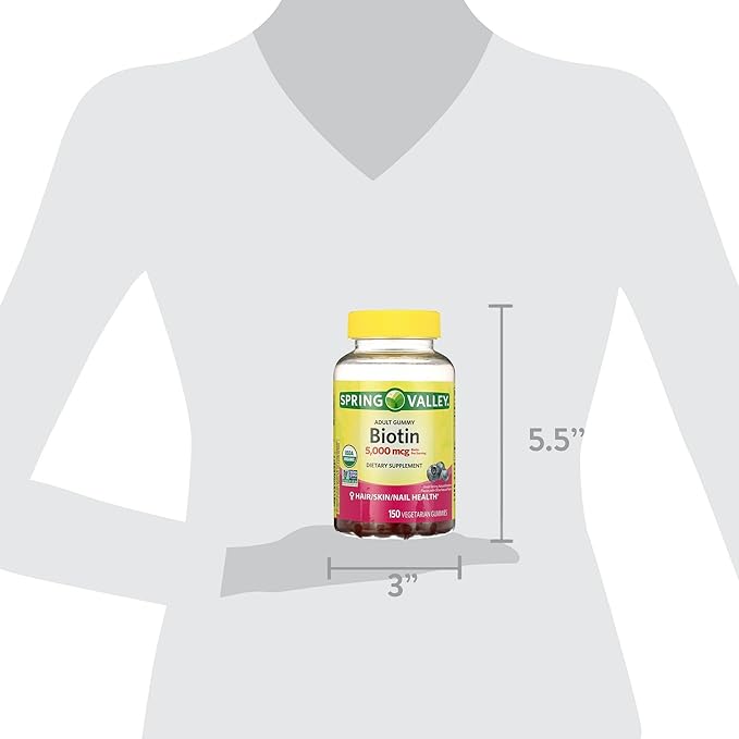 Spring Valley Biotin 5000mcg- Blueberry Flavor Hair Skin and Nails 150 Gummies (Pack of 1) Set by Basket Goods